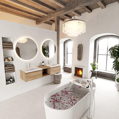 MONDIAZ BUKLA 160cm meuble de salle de bains avec module ouvert 40 couleur Washed Oak avec 2 tiroirs. Lavabo CLOUD double 2 trous de robinet couleur Talc.