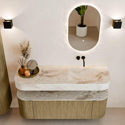 MONDIAZ THOR-DLUX 140cm meuble de salle de bains arrondi gauche + droite couleur Dusk avec 1 tiroir et 2 portes. Vasque suspendue CLOUD droite sans trou de robinet couleur Frappe.