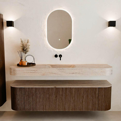 MONDIAZ THOR-DLUX 170cm badmeubel ronding links + rechts kleur Walnut met 1 lade en 2 deuren. Vrijhangende wastafel CLOUD Midden zonder kraangat kleur Saba.