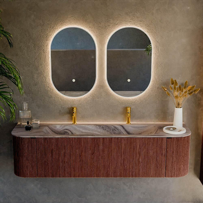MONDIAZ KURVE-DLUX 170cm badmeubel ronding Links + Rechts kleur Ruby met 1 lade en 2 deuren. Wastafel BIG LARGE Midden 2 kraangaten Sombra.