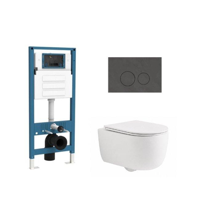QeramiQ Dely Swirl Ensemble WC - réservoir encastré Qeramiq Flush - abattant slim - plaque de commande en pierre naturelle marbre foncé - boutons ronds - blanc mat