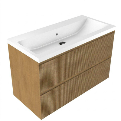 Saniclass Holz Atelier Ensemble meuble de salle de bains - 100x45x63.5cm - lavabo Bari en céramique blanc - 1 vasque - sans trou de robinetterie - 2 tiroirs - chêne natural mat (bois)