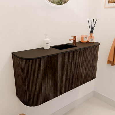 Mondiaz JOYA 93.2cm toiletmeubel - ronding links en rechts kleur Walnut - Wastafel FAYE positie Midden 1 kraangat kleur Urban.