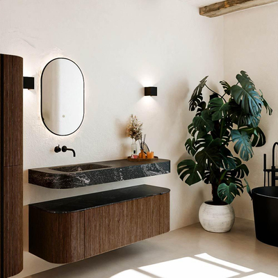 MONDIAZ THOR-DLUX Meuble de salle de bains 140cm arrondi gauche + droite couleur Walnut avec 1 tiroir et 2 portes. Vasque suspendue CLOUD Gauche sans trou de robinet couleur Lava.