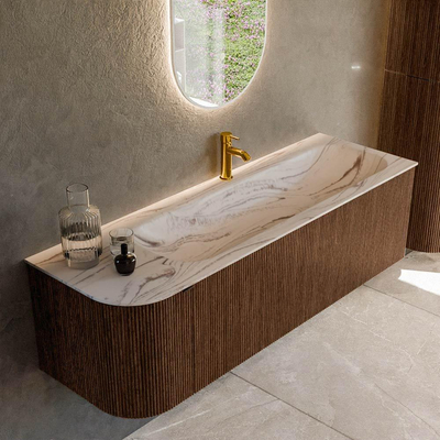 MONDIAZ KURVE-DLUX 145cm badmeubel ronding Links kleur Walnut met 1 lade en 1 deur. Wastafel BIG LARGE Rechts 1 kraangat Nata.
