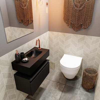 MONDIAZ ANDOR Toiletmeubel - 60x30x30cm - 1 kraangat - 1 lades - urban mat - wasbak rechts - Solid surface - Zwart