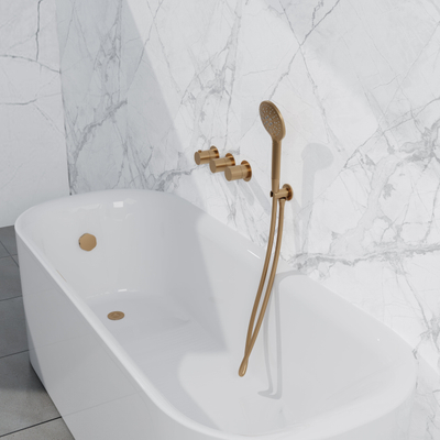 Fortifura Nebbio Ensemble combinaison bain - mitigeur thermostatique - coude mural avec support de douchette - flexible de douche métallique - douchette ronde - Remplissage-vidage de baignoire - laiton brossé PVD (or)