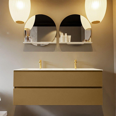 Mondiaz VICA-DLUX Ensemble de meuble de salle de bain - 130cm - meuble sous-vasque oro - 2 tiroirs - lavabo encastré cloud double - 2 trous de robinet - version haute de 60cm - opalo