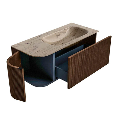 MONDIAZ KURVE-DLUX Meuble de salle de bains 105cm arrondi à gauche couleur Walnut avec 1 tiroir et 1 porte. Lavabo BIG SMALL à droite sans trou de robinet Arena.