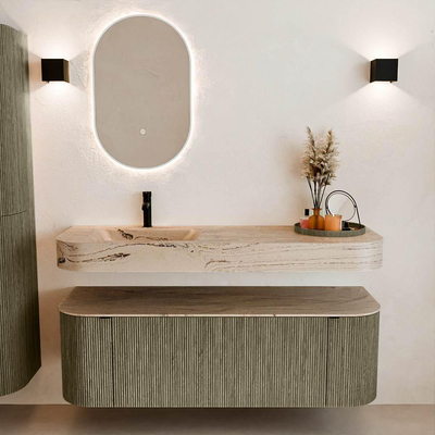 MONDIAZ THOR-DLUX 140cm meuble de salle de bains arrondi gauche + droite couleur Shadow avec 1 tiroir et 2 portes. Vasque suspendue CLOUD Gauche 1 trou de robinet couleur Arena.