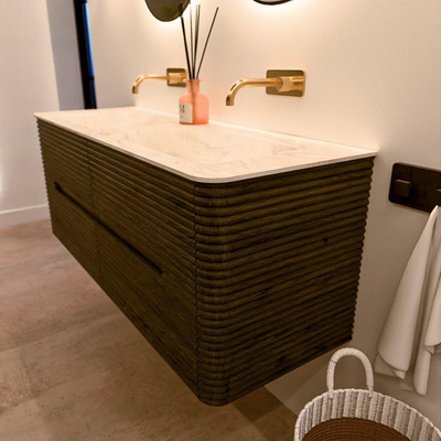 Mondiaz CIRO-DLUX Badkamermeubelset - 130x45x50cm - Solid surface wastafel Ostra - 2 wasbak Dubbel - zonder kraangaten - 4 lades - Shadow