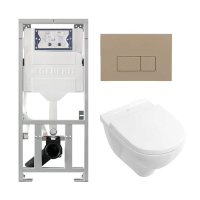 Villeroy & Boch O.novo Toiletset - Geberit inbouwreservoir - diepspoel wandcloset - softclose - bedieningsplaat bedieningsplaat taupe - rechthoekige knoppen - wit