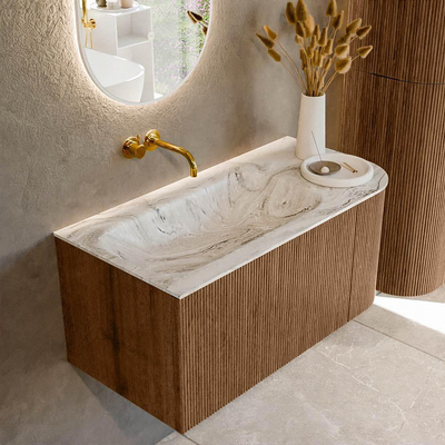 MONDIAZ KURVE-DLUX 95cm Meuble salle de bain avec module 25 D - couleur Walnut - 1 tiroir - 1 porte - vasque BIG SMALL gauche - sans trou de robinet - couleur Glace