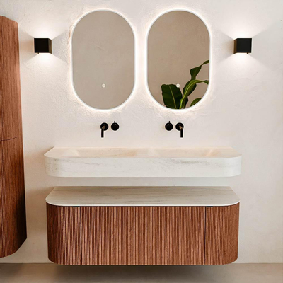 MONDIAZ THOR-DLUX 130cm meuble de salle de bains arrondi gauche + droite couleur Ruby avec 1 tiroir et 2 portes. Vasque suspendue CLOUD Double sans trou de robinet couleur Meli.