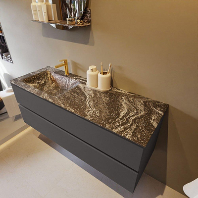 Mondiaz VICA-DLUX Ensemble de meuble de salle de bain - 130cm - meuble sous-vasque gris foncé - 2 tiroirs - lavabo encastré cloud gauche - 1 trou de robinet - version haute de 60cm - lave