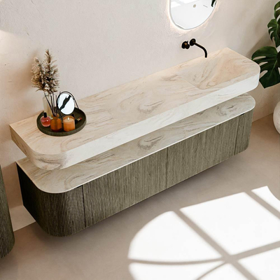 MONDIAZ THOR-DLUX 190cm meuble de salle de bains arrondi gauche + droite couleur Shadow avec 2 tiroirs et 2 portes. Vasque suspendue CLOUD droite sans trou de robinet couleur Ostra.