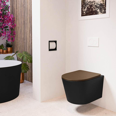 Mondiaz LAVIE hangtoilet – spoelrandloos – 36 x 53 cm – met softclose zitting – Urban (zwart), zitting Rust (bruin)