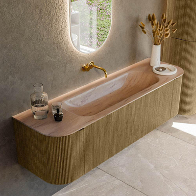 MONDIAZ KURVE-DLUX Meuble de salle de bains 160cm arrondi Gauche + Droite couleur Dusk avec 1 tiroir et 2 portes. Lavabo BIG MEDIUM Central sans trou de robinet Saba.