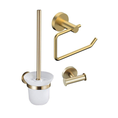 Fortifura Calvi Toiletset 3-delig - toiletrolhouder - zonder klep - toiletborstel - handdoekhaak dubbel rond - PVD - geborsteld messing (goud)
