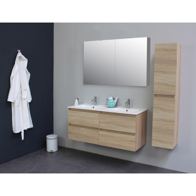 Basic Bella Meuble avec lavabo en porcelaine 2 trous de robinet 120x55x46cm avec armoire toilette à 2 portes gris Chêne