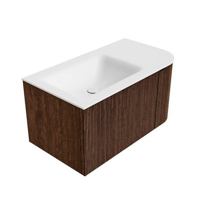 MONDIAZ KURVE 85cm badmeubel met module 25 R kleur Walnut met 1 lade en 1 deur. Wastafel CLOUD links zonder kraangat Talc.