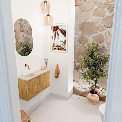 Mondiaz JOYA-DLUX 81.6cm toiletmeubel - ronding rechts kleur Oak - Wastafel FAYE positie Links Zonder kraangat kleur Frappe.