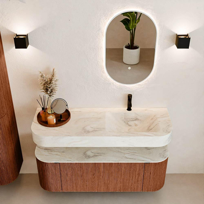 MONDIAZ THOR-DLUX 130cm meuble de salle de bains arrondi gauche + droite couleur Ruby avec 1 tiroir et 2 portes. Vasque suspendue CLOUD Droite 1 trou de robinet couleur Ostra.