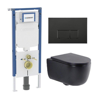 QeramiQ Dely Swirl Toiletset - 36.3x51.7cm - Geberit UP720 Duofix Sigma inbouwreservoir - slim zitting - metalen bedieningsplaat mat zwart - rechthoekige knoppen - mat zwart