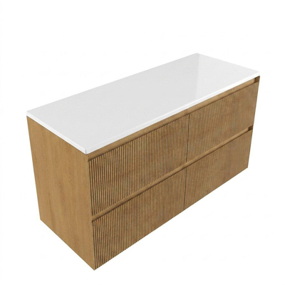 Saniclass Holz Atelier Ensemble de meubles de salle de bains - 120x45x62.5cm - Plan de toilette Torino en solid surface blanc - sans trou de robinetterie - 2 tiroirs - chêne natural mat (bois)