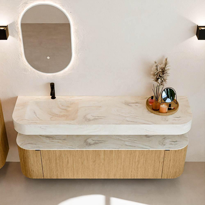 MONDIAZ THOR-DLUX 170cm badmeubel ronding links + rechts kleur Oak met 1 lade en 2 deuren. Vrijhangende wastafel CLOUD Links 1 kraangat kleur Ostra.