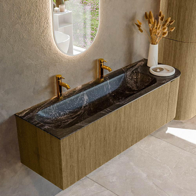 Mondiaz KURVE-DLUX Badkamermeubelset - 145x46x40cm - 1 lade - 1 deur - wastafel solid surface - links - 2 kraangaten - Dusk