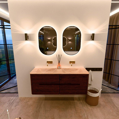 Mondiaz CIRO-DLUX Meuble de salle de bains - 130x45x50cm - plan vasque solid surface Saba - 2 vasques Double - sans trous de robinet - 4 tiroirs - Ruby