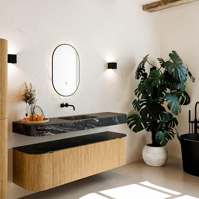 MONDIAZ THOR-DLUX 160cm badmeubel ronding links + rechts kleur Oak met 1 lade en 2 deuren. Vrijhangende wastafel CLOUD Midden zonder kraangat kleur Lava.