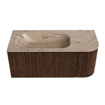 MONDIAZ KURVE-DLUX Meuble de salle de bains 105cm arrondi à droite couleur Walnut avec 1 tiroir et 1 porte. Lavabo BIG SMALL à gauche sans trou de robinet Arena.