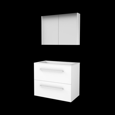 Basic-Line Comfort 46 ensemble de meubles de salle de bain 80x46cm avec poignées 2 tiroirs lavabo acrylique 0 trous de robinetterie armoire de toilette mdf laqué blanc glacier