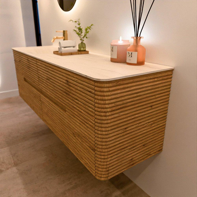 Mondiaz CIRO-DLUX Badkamermeubelset - 160x45x50cm - Solid surface wastafel Meli - 1 wasbak Links - 1 kraangat - 4 lades - Oak