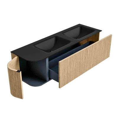 MONDIAZ KURVE Meuble de salle de bains 145 cm avec module 25 L couleur Oak avec 1 tiroir et 1 porte. Lavabo CLOUD double / à droite sans trou de robinet Urban.