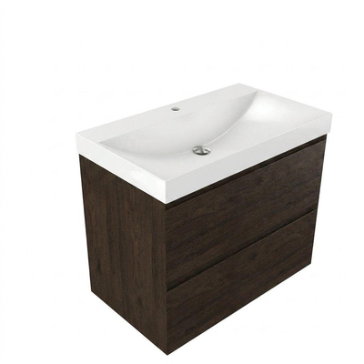 Saniclass Holz Pure Ensemble de meubles de salle de bains - 80x45x67.5cm - Wave lavabo en céramique - 1 vasque - 1 trou de robinetterie - 2 tiroirs - chêne charcoal mat (bois)