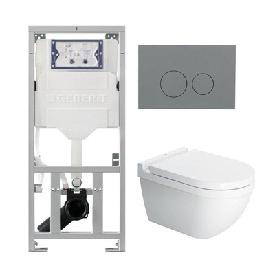 Duravit Starck 3 toiletset met Geberit inbouwreservoir toiletzitting met Saniclass softclose zitting en QeramiQ bedieningsplaat licht grijs met ronde knoppen wit
