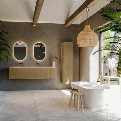 MONDIAZ KURVE-DLUX 175cm meuble de salle de bains avec arrondi à droite couleur Dusk avec 2 tiroirs et 1 porte. Lavabo STOR SMALL Double / Gauche sans trou de robinet Saba.
