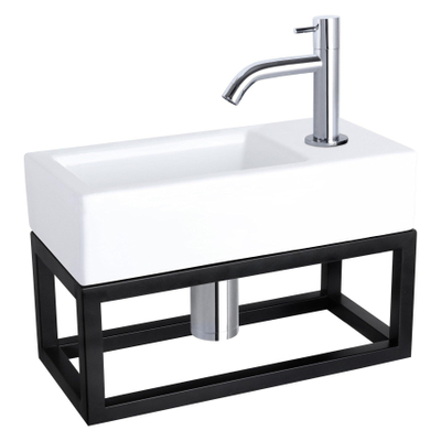 Differnz Ravo kit lave-mains - 38,5x18,5x25cm - Rectangulaire - 1 trou de robinet - Robinet chromé courbé - avec cadre noir - Céramique blanche