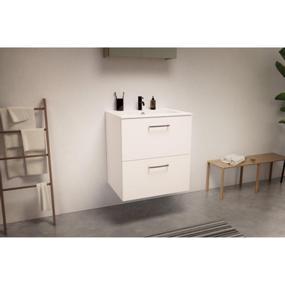 Nemo Go Ensemble de meuble - 60x65x45.5cm - 2 tiroirs - avec poignée - 1 vasque Blanc mat - 1 trous de robinet - avec armoire toilette - MDF standard white