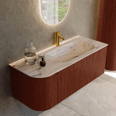 MONDIAZ KURVE-DLUX 115cm badmeubel ronding Links kleur Ruby met 1 lade en 1 deur. Wastafel BIG SMALL Rechts 1 kraangat Nata.
