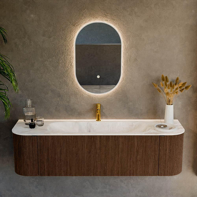 MONDIAZ KURVE-DLUX 160cm badmeubel met module 25 Len R kleur Walnut met 1 lade en 2 deuren. Wastafel BIG MEDIUM midden 1 kraangat kleur Frappe.