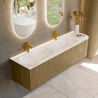 Mondiaz KURVE-DLUX Ensemble de meubles de salle de bains - 165x46x40cm - 2 tiroir - 1 porte - vasque solid surface - double / gauche - 2 trous de robinet - Dusk