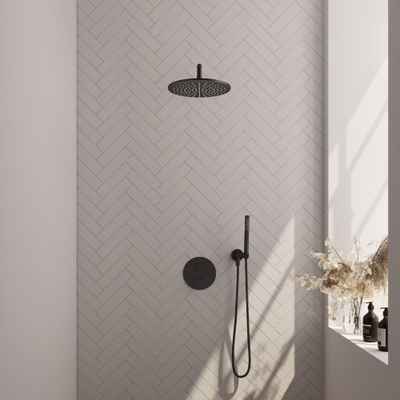 BRAUER Black Carving douche de pluie encastrée thermostatique - 3 voies - ronde - set 76 - douche de tête 30cm - bras mural courbé - douchette barre - flexible de douche - coude mural - noir mat