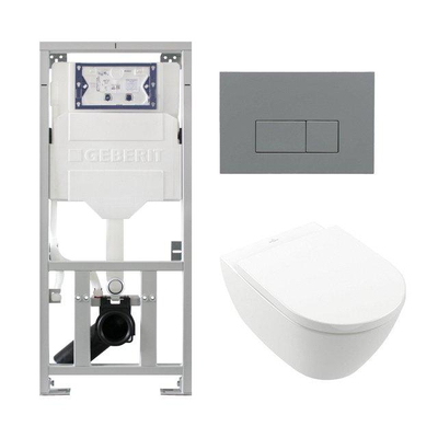 Villeroy Boch Subway 2.0 DirectFlush Pack WC suspendu - abattant softclose - bâti-support Geberit - QeramiQ plaque de commande gris clair - boutons rectangulaires - blanc