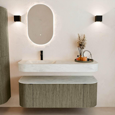 MONDIAZ THOR-DLUX 130cm meuble de salle de bains arrondi gauche + droite couleur Shadow avec 1 tiroir et 2 portes. Vasque suspendue CLOUD Gauche 1 trou de robinet couleur Opalo.