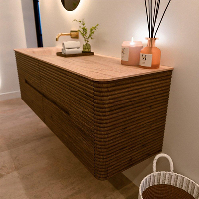 Mondiaz CIRO-DLUX Badkamermeubelset - 150x45x50cm - Solid surface wastafel Saba - 1 wasbak Links - zonder kraangaten - 4 lades - Dusk