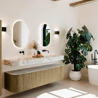 MONDIAZ THOR-DLUX 180cm meuble de salle de bains arrondi gauche + droite couleur Dusk avec 2 tiroirs et 2 portes. Vasque suspendue CLOUD Double sans trou de robinet couleur Glace.